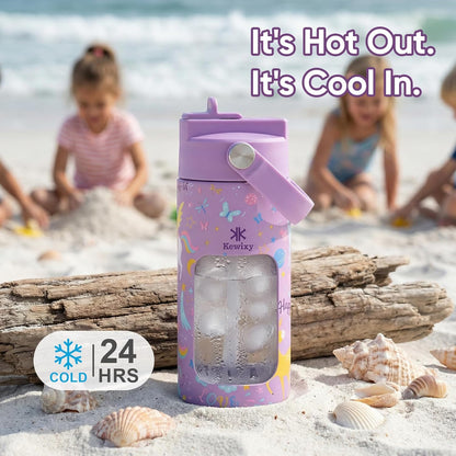 KEWIXY Kids Water Bottle for School, Easy Slide Lid, Leak Proof, Keep Cold 24H, Vacuum Insulated Tumbler, Metal Stainless Steel with Straw and Handle, for Boys&Girls (18OZ, Candy Pink)