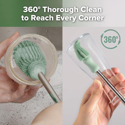Haakaa Silicone Cleaning Brush for Baby Bottles and Crevices, Double-Ended Bottle Brush for Breast Pumps, Milk Collectors, Nipples and Breastmilk Storage Bags, Food-Grade Silicone, Pea Green, 1 Pack