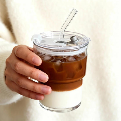 Ribbed Glass Tumbler with Lid and Straws, Resuable Ice Coffee Cups, To Go Iced Coffee Cups for Water, Smoothie, Matcha, Iced Tea Fruit Juice, Clear, 13oz, Set of 2