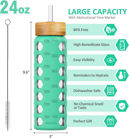 MUKOKO Glass Water Bottles, 32oz Glass Tumbler with Straw, Drinking Bottles with 2 Lids-Handle Spout Lid&Bamboo Straw Lid, Motivational Water Bottle with Time Marker and Silicone Sleeve, 1 Pack-Olive