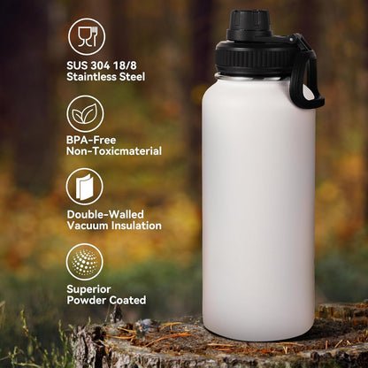 Neihepal 32 oz Insulated Water Bottle with 2 Lids (Straw & Spout Lid), 18/8 Stainless Steel Double Wall Water Bottles for Gym, Travel, Camping, Sports (Silver,1 Pack)