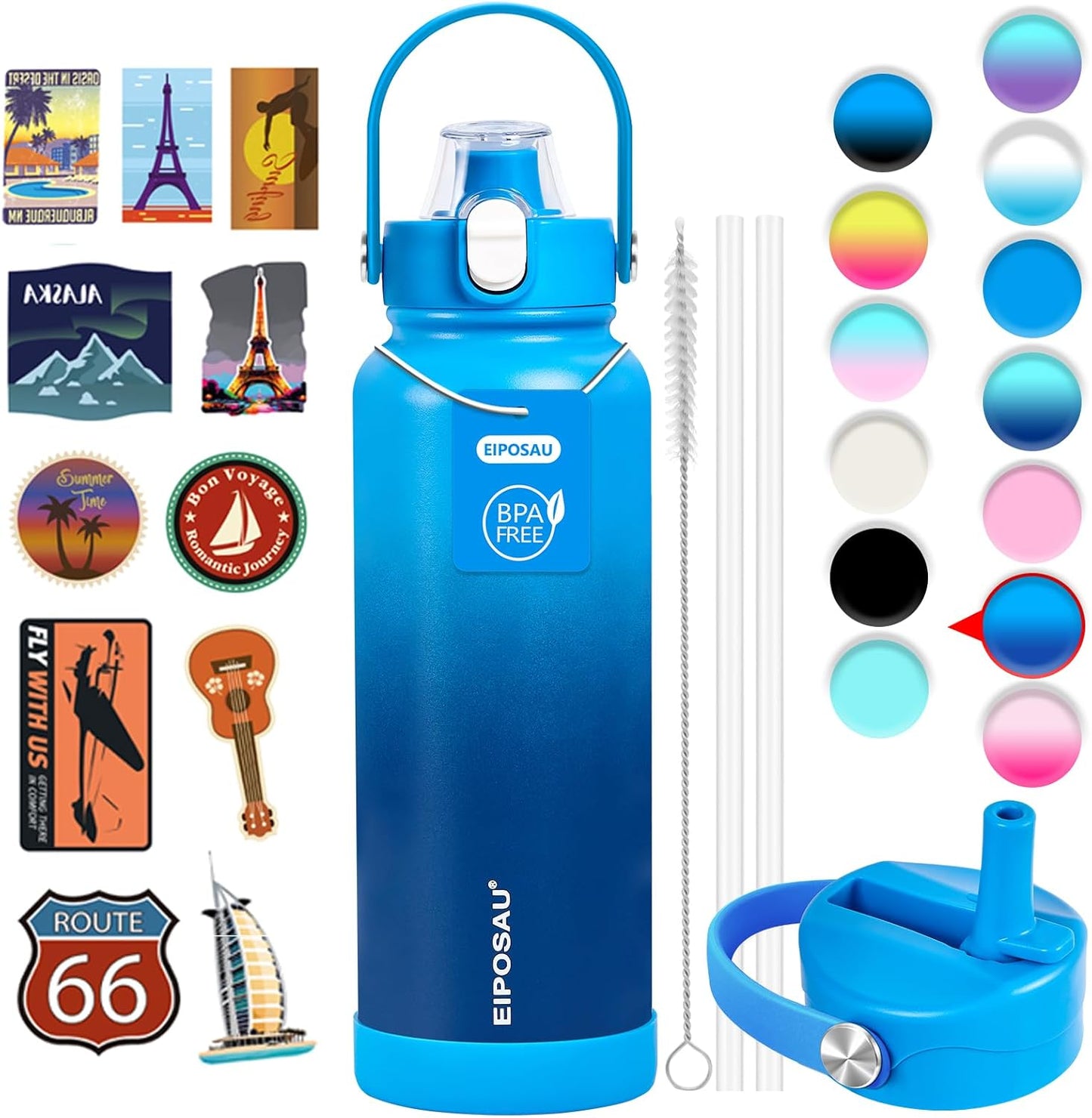 Insulated Water Bottle with Lid & Boot & Stickers, 24 oz Stainless Steel Sweat Free Bottle Keep Cold 24H, BPA-Free Sports Wide Mouth Water Bottle, BlueBlack