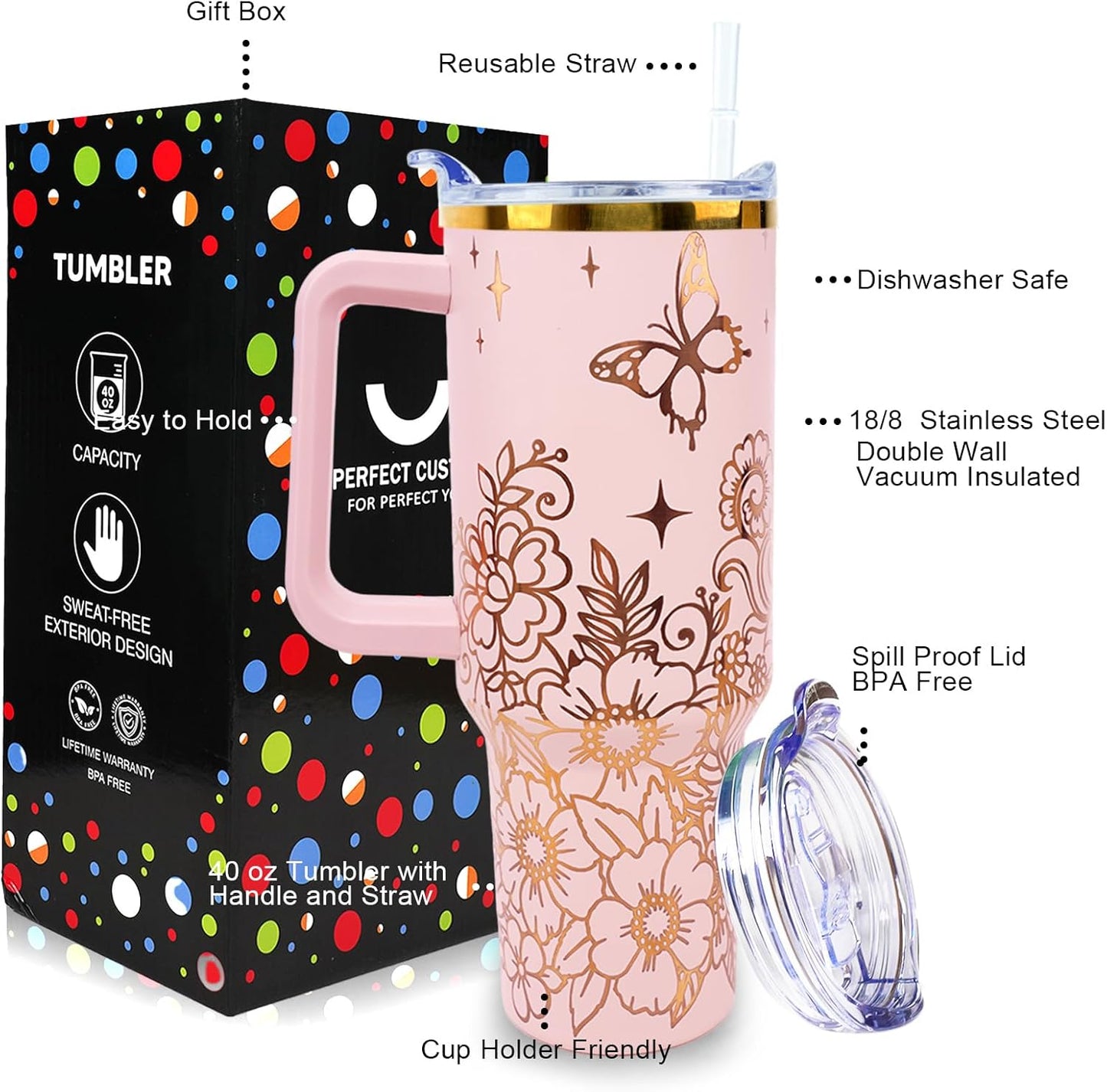40 oz Tumbler with Handle and Straw Lid Leak Proof | You're Awesome Inspirational Mother's Day Birthday Gifts for Women Men Coworker Friends | Stainless Steel Cup Dishwasher Safe
