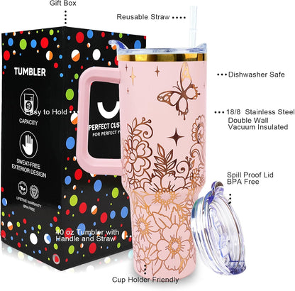 40 oz Tumbler with Handle and Straw Lid Leak Proof | You're Awesome Inspirational Mother's Day Birthday Gifts for Women Men Coworker Friends | Stainless Steel Cup Dishwasher Safe
