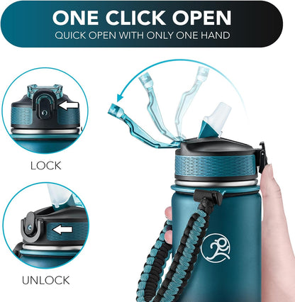 GOSWAG Insulated Sports Water Bottle, 24oz 2 Lids(with Straw/No Straw), Stainless Steel Water Bottles with Paracord Handle, Insulated Bottle with Double-Wall Vacuum Insulation