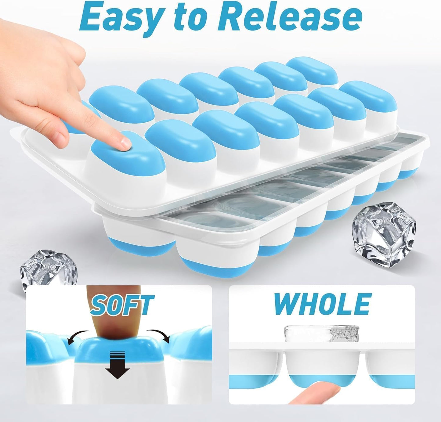 ChefAide 4‑Pack Ice Cube Trays with Lids, 56‑Cube Total Stackable Freezer Ice Trays, Durable Silicone & Plastic Easy‑Release Ice Molds for Cocktails, Coffee & Drinks
