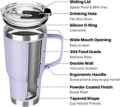 20 oz Tumbler with Handle, Stainless Steel Insulated Tumbler with Lid and Straw, Double Wall Vacuum Coffee Mug Tumbler, Insulated Coffee Thermal Cup for Cold and Hot (Light Purple)