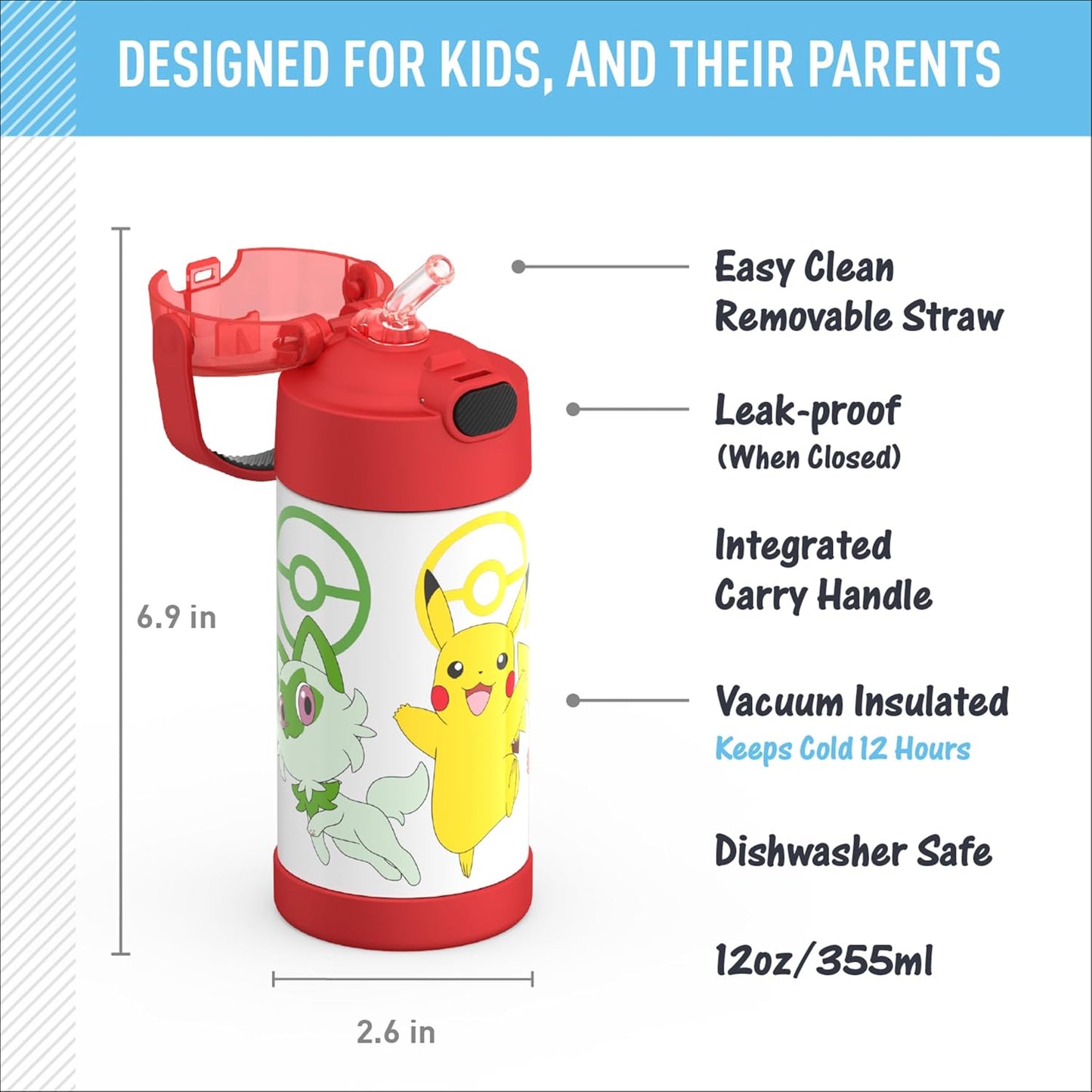 THERMOS FUNTAINER Water Bottle with Straw - 12 Ounce - Kids Stainless Steel Vacuum Insulated Water Bottle with Lid, Bluey - Colors B