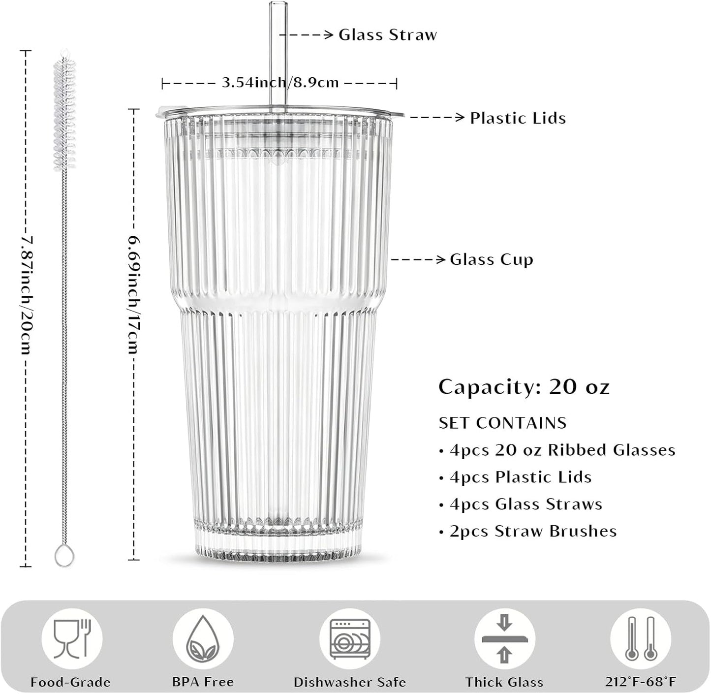 INSETLAN 20 oz Ribbed Glass Tumblers with Lids and Glass Straws – 4-Piece Glassware Set, Thickened Wall, Ideal for Iced Coffee, Smoothies, Cocktails, and Juices – Elegant and Durable Drinkware