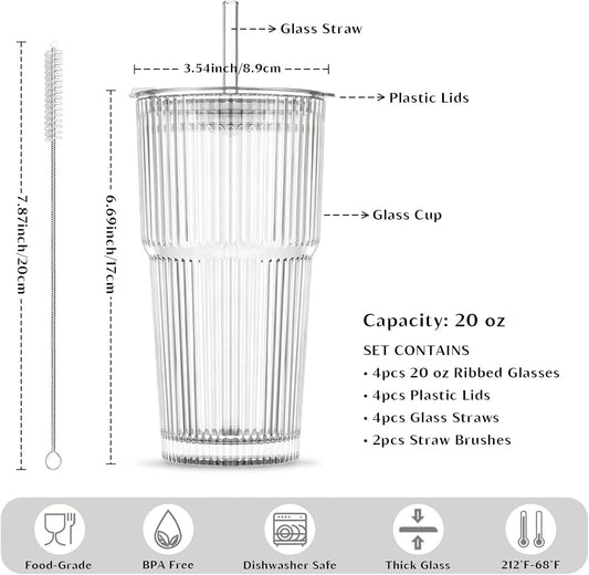 INSETLAN 20 oz Ribbed Glass Tumblers with Lids and Glass Straws – 4-Piece Glassware Set, Thickened Wall, Ideal for Iced Coffee, Smoothies, Cocktails, and Juices – Elegant and Durable Drinkware