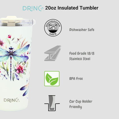Drinco - 20 oz Stainless Steel Tumbler | Double Walled Vacuum Insulated Mug With Lid, 2 Straws, For Hot & Cold Drinks (20oz Dragonfly)