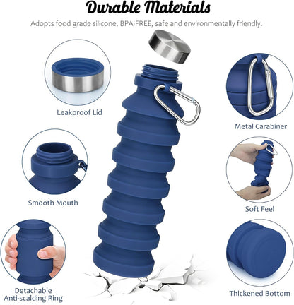 Nefeeko Collapsible Water Bottle, Reuseable BPA Free Silicone Foldable Water Bottles for Travel Gym Camping Hiking, Portable Leak Proof Sports Water Bottle with Carabiner