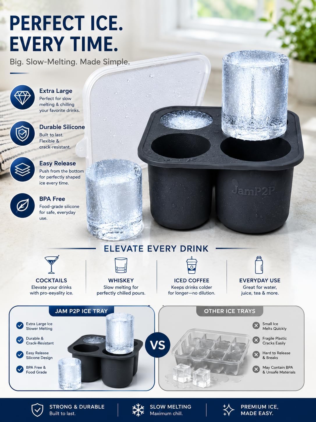 Large 2+ inch cylinder Ice Cubes for Tumblers, Stanley cup accessories, Silicone ice cube tray, makes solid slow melt cubes for cocktails, travel and sport water bottles, Whiskey, popsicles molds