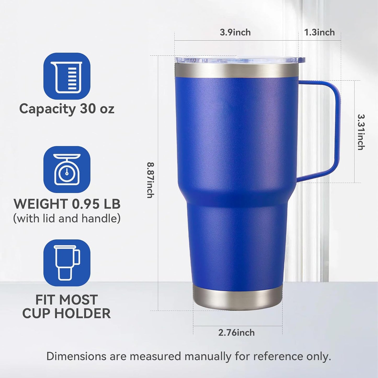 30 oz Tumbler with Handle and Lid, Stainless Steel Tumblers Double Wall Vacuum Insulated Travel Mug Leak Proof Cup Keep Drinks Cold and Hot Black, 1 Pack
