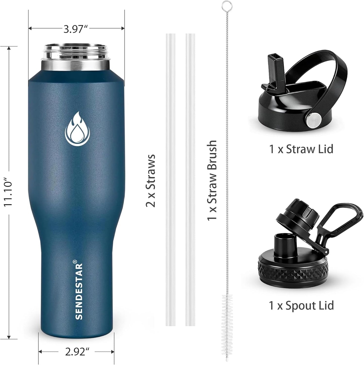 SENDESTAR 40oz Water Bottle Wide Mouth Stainless Steel Vacuum Insulated Double Wall with Straw Lids Fit in Any Car Cup Holder