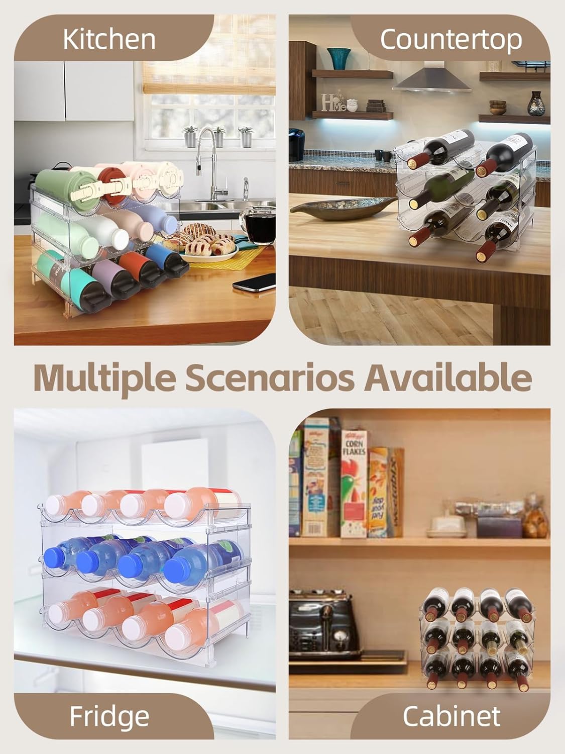 Stackable Water Bottle Organizer, 4-Tier Clear Large Compartment Holder with Stable One-Piece Side-Panel Design, Prevents Tipping & Rolling for Cabinet & Kitchen Storage, Holds 16 Bottles