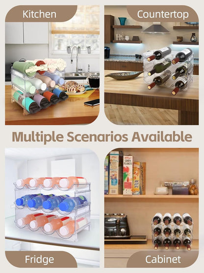 Stackable Water Bottle Organizer, 4-Tier Clear Large Compartment Holder with Stable One-Piece Side-Panel Design, Prevents Tipping & Rolling for Cabinet & Kitchen Storage, Holds 16 Bottles