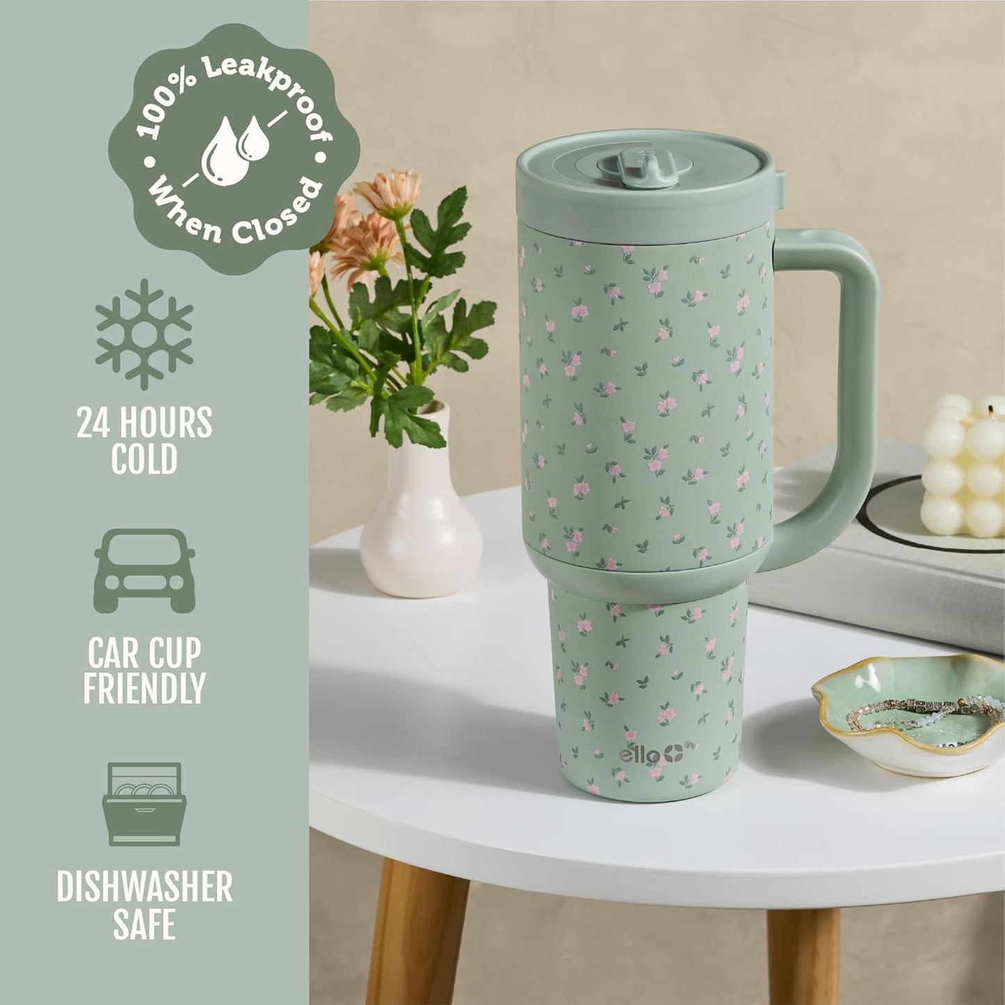 Ello Oasis 40 oz Tumbler with Handle & Retracting Straw | Reusable Insulated Stainless Steel Cup 100% Leakproof, Gifts for Teens Women Men | Keeps cold for 24 Hours, Cup Holder Friendly, Daisies