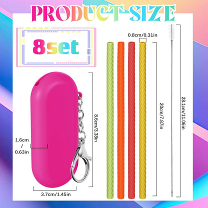 Meanplan 8 Set Cruise Ship Essentials,Silicone Straws with Case Reusable Foldable Portable Drinking Straw for Party Travel Cold or Hot with Carry Case and Cleaning Brushes (Rainbow Colors)