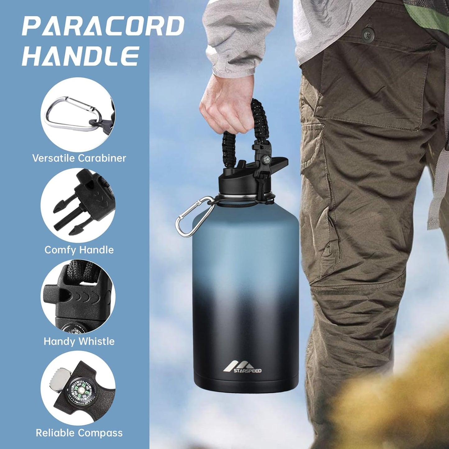 StarSpeed 32oz Insulated Water Bottle with Straw Lid, Stainless Steel Double Walled Vacuum Water Flask, Wide Mouth Sports Water Bottle for Gym Camping Hiking, Indigo Black
