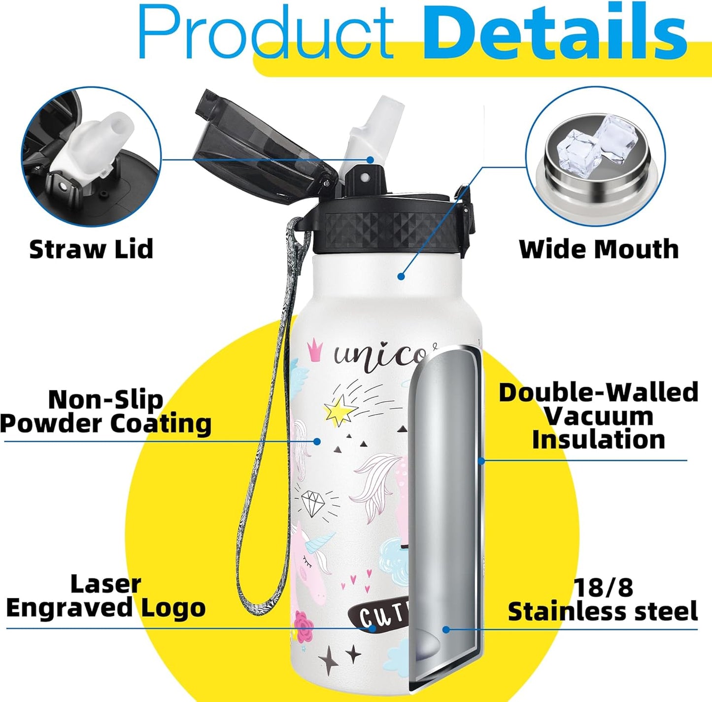 Han's Bottle Sports Water Bottle - 24 Oz, Straw Lid, Leak Proof, Vacuum Insulated Stainless Steel, Double Walled, Thermo Mug,Black