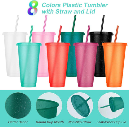 24 Pack Plastic Tumblers with Lids and Straw, Reusable Cups with Lids and Straws Colorful Cups for Cold Drink Iced Coffee, Plastic Tumbler Bulk for Party Birthday Gifts (24 oz, Stylish Colors)