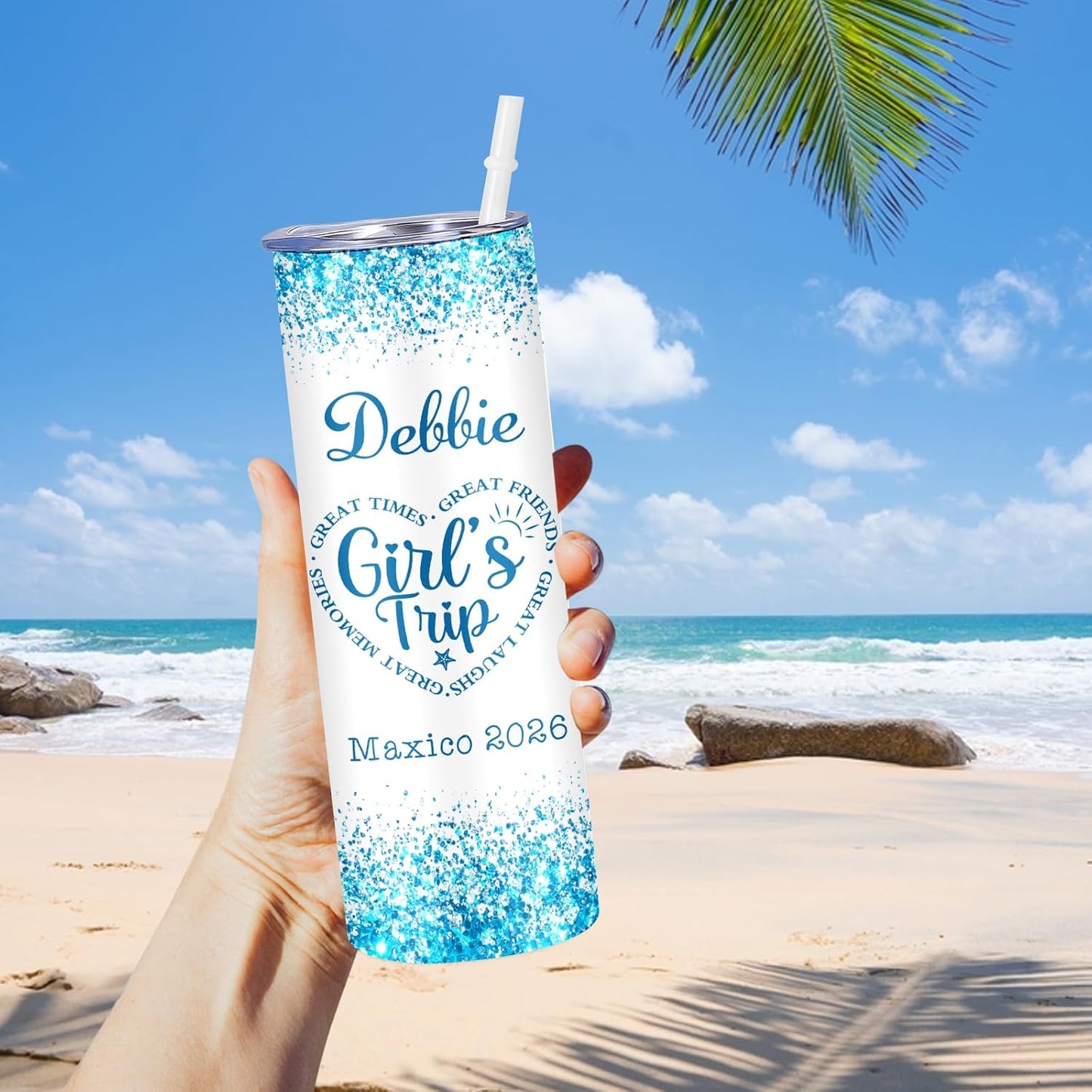 Girl Trip Gifts for Women, Personalized Girls Trip Tumblers with Name Text, Custom Beach Tumbler, Road Trips Vacation Cruise Cup with Lid and Straw, Bachelorette Party Girl Weekend Gift For Friend