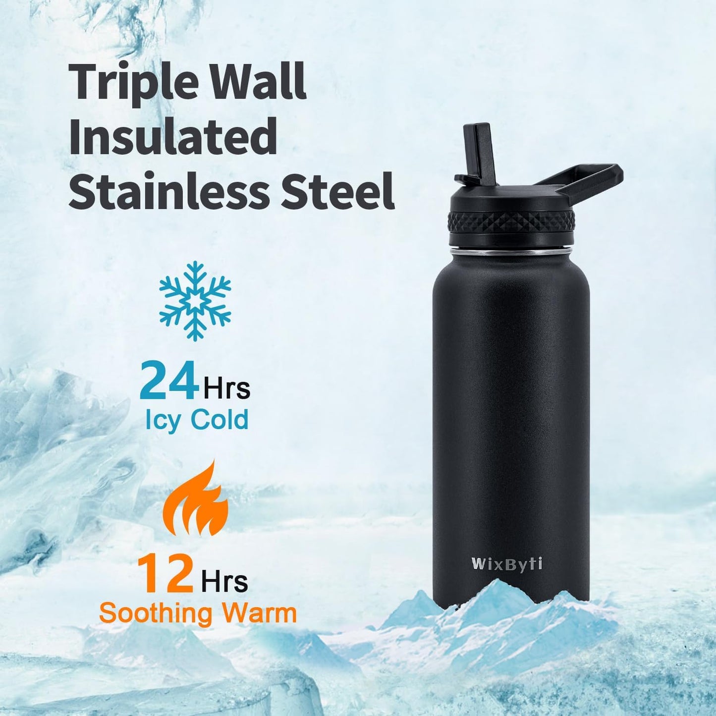 WixByti 40 oz Insulated Water Bottle with Straw (Cold for 36 Hrs), Stainless Steel Triple Wall Vacuum Sports Water Jug, Leakproof Hydro Cup Flask with Paracord Handle & Straw Spout Lids & DIY Stickers