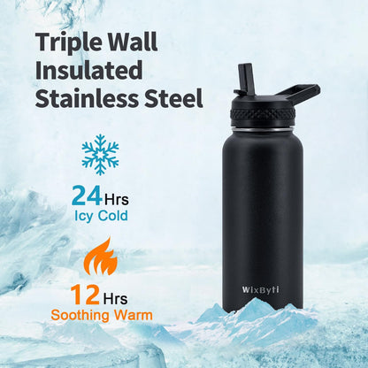 WixByti 40 oz Insulated Water Bottle with Straw (Cold for 36 Hrs), Stainless Steel Triple Wall Vacuum Sports Water Jug, Leakproof Hydro Cup Flask with Paracord Handle & Straw Spout Lids & DIY Stickers