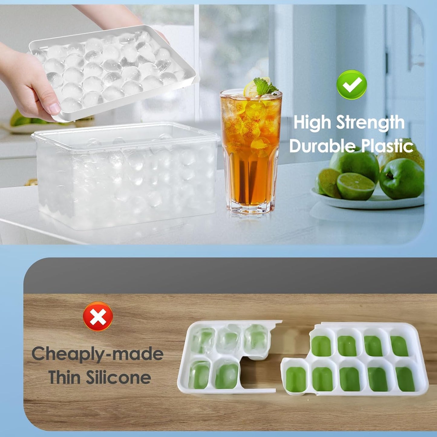 WIBIMEN Ice Cube Tray with Lid and Bin - Round Ice Trays for Freezer with Lid - Ice Cube Trays for Freezer with Ice Container (1"-2PACK Blue)