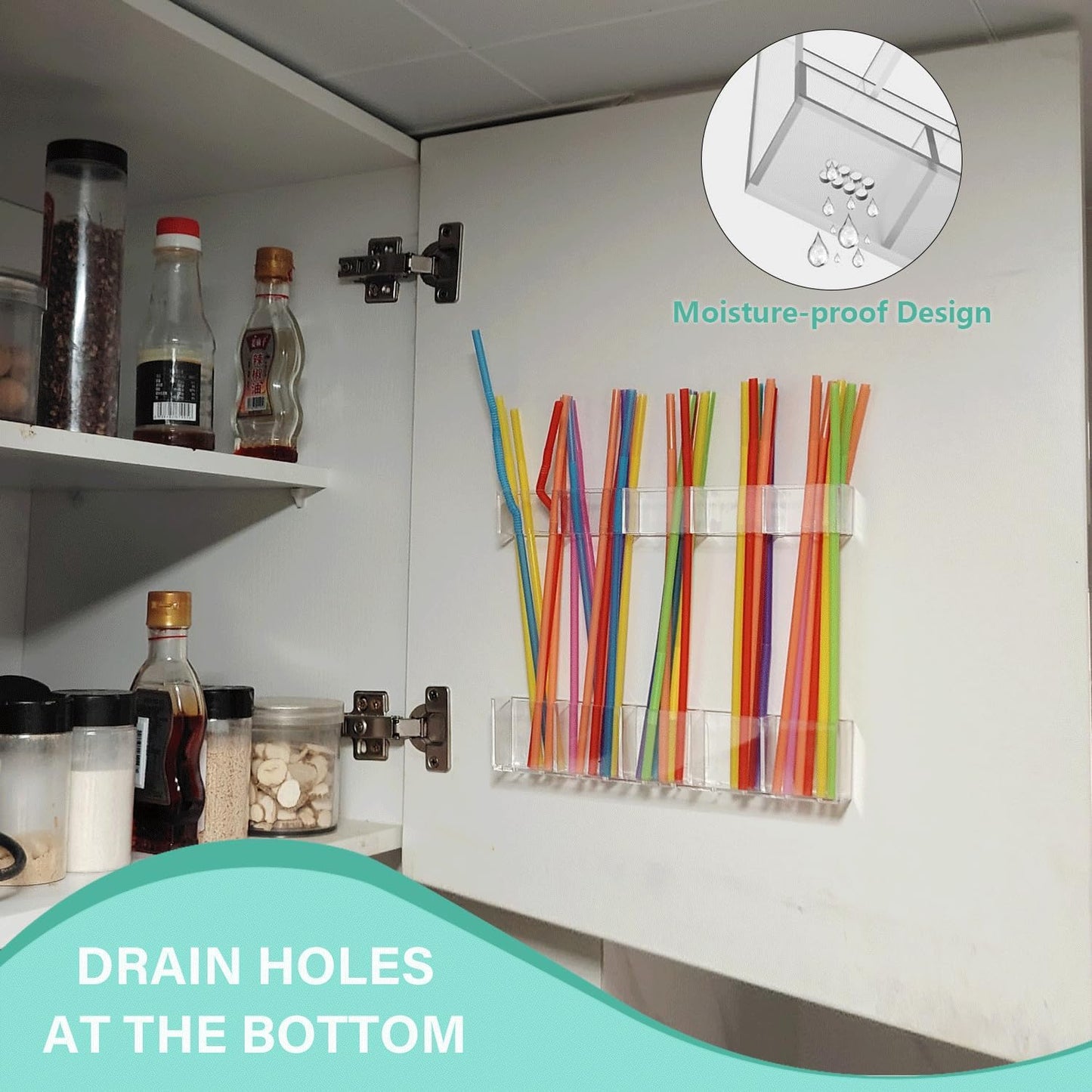 9.5' Cabinet Door Straw Rack, Super Sticky Squares, Adjustable Reusable Straw Dispenser, Kitchen Storage Accessory for Cabinets, Counters, and RVs