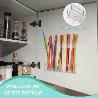 9.5' Cabinet Door Straw Rack, Super Sticky Squares, Adjustable Reusable Straw Dispenser, Kitchen Storage Accessory for Cabinets, Counters, and RVs