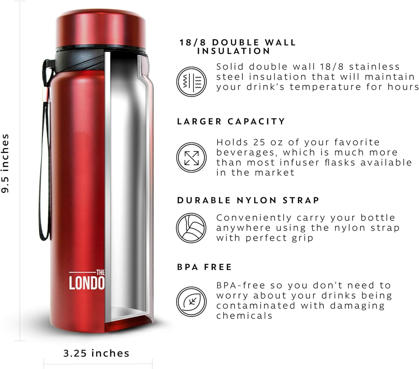 London Sip 25 oz Multi-Function Travel Mug and Tumbler Tea Infuser Water Bottle Fruit Infuser Flask Hot and Cold Double Wall Stainless Steel Coffee Thermos, Cosmic Silver