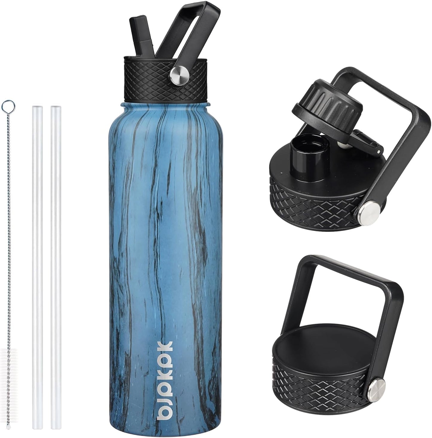 BJPKPK Insulated Water Bottles with Straw Lid, 40oz Stainless Steel Water Bottles with 3 Lids, BPA Free Leakproof Thermo, Tumblers, Cups for Sports, Gym- Midnight - Colors B