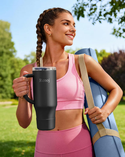Renoj Insulated Mug 100% Leak Proof Insulated Water Bottle for Iced Coffee & Hot Drinks - Fits Car Cup Holder, Ideal Gift, 2 Straws & Silicone Boot - SnapShift Pink 32 oz