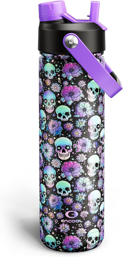 ENCOOL Insulated Water Bottle with Straw Stainless Steel Water Bottle, Leak-Proof, BPA-Free, Double Wall Vacuum Keeps Cold for 24 Hours for Sports, Travel, School (26 oz, Cotton Candy) - Colors B
