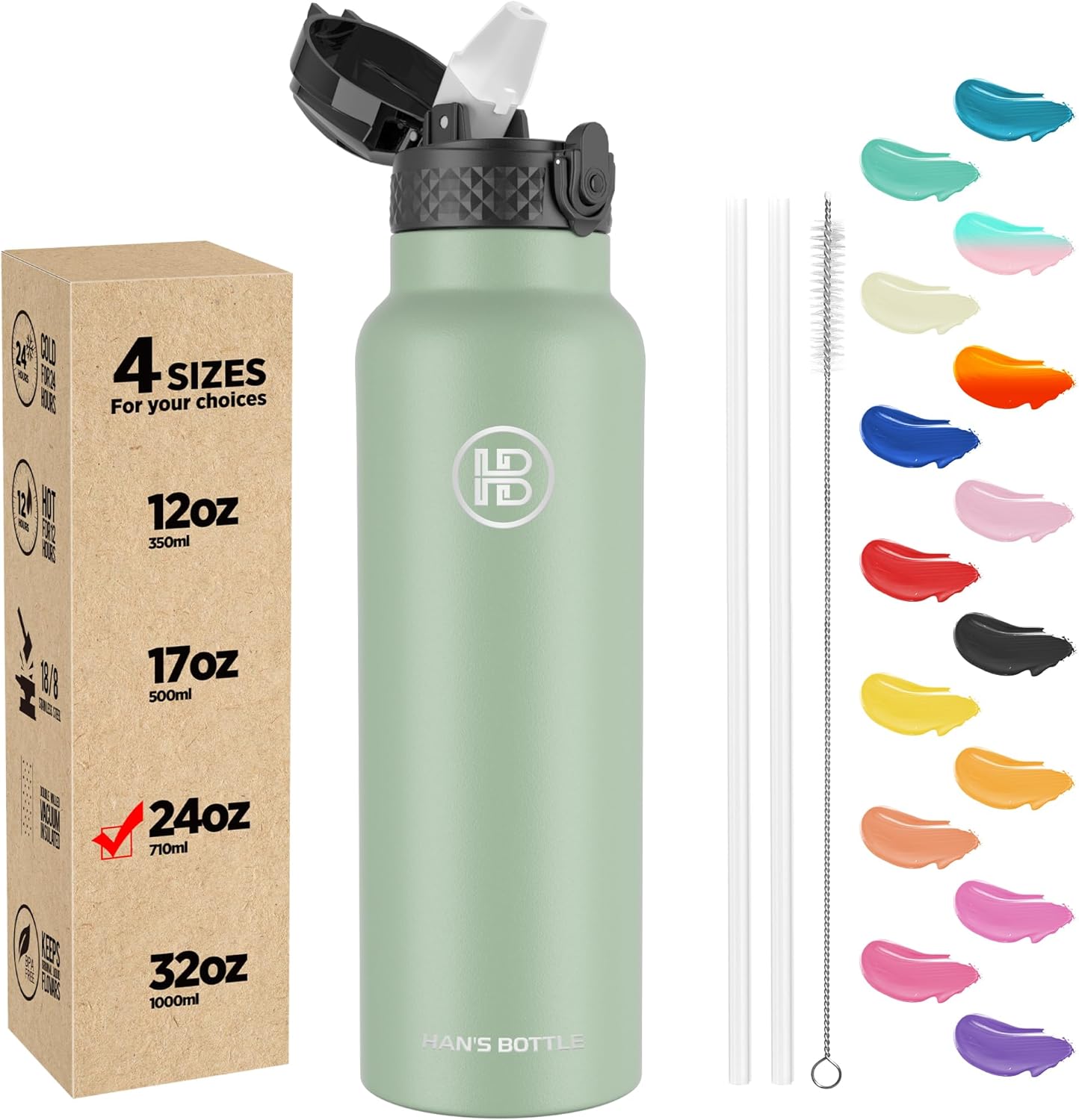 Han's Bottle Sports Water Bottle - 24 Oz, Straw Lid, Leak Proof, Vacuum Insulated Stainless Steel, Double Walled, Thermo Mug,Black