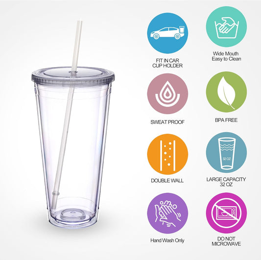 Zukro Clear Acrylic Tumbler with Straw and Lid 32 oz, Double Walled Insulated Reusable Plastic Iced Coffee Cup, To Go Cup Perfect for Parties, Birthdays, Fit in Cupholder, BPA Free, Clear, 2 Pack