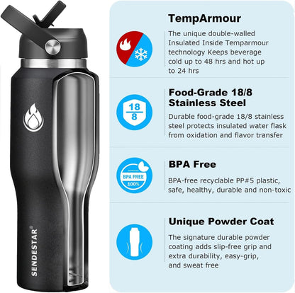 SENDESTAR 40oz Water Bottle Wide Mouth Stainless Steel Vacuum Insulated Double Wall with Straw Lids Fit in Any Car Cup Holder