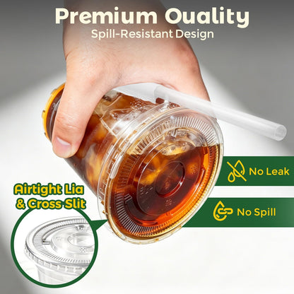 Charmount 100 Sets 16 oz Plastic Cups with Lids and Straws, Clear Disposable Cups for Dirty Soda, Iced Coffee & Smoothies, Plastic Bar Supplies for Cold Drinks