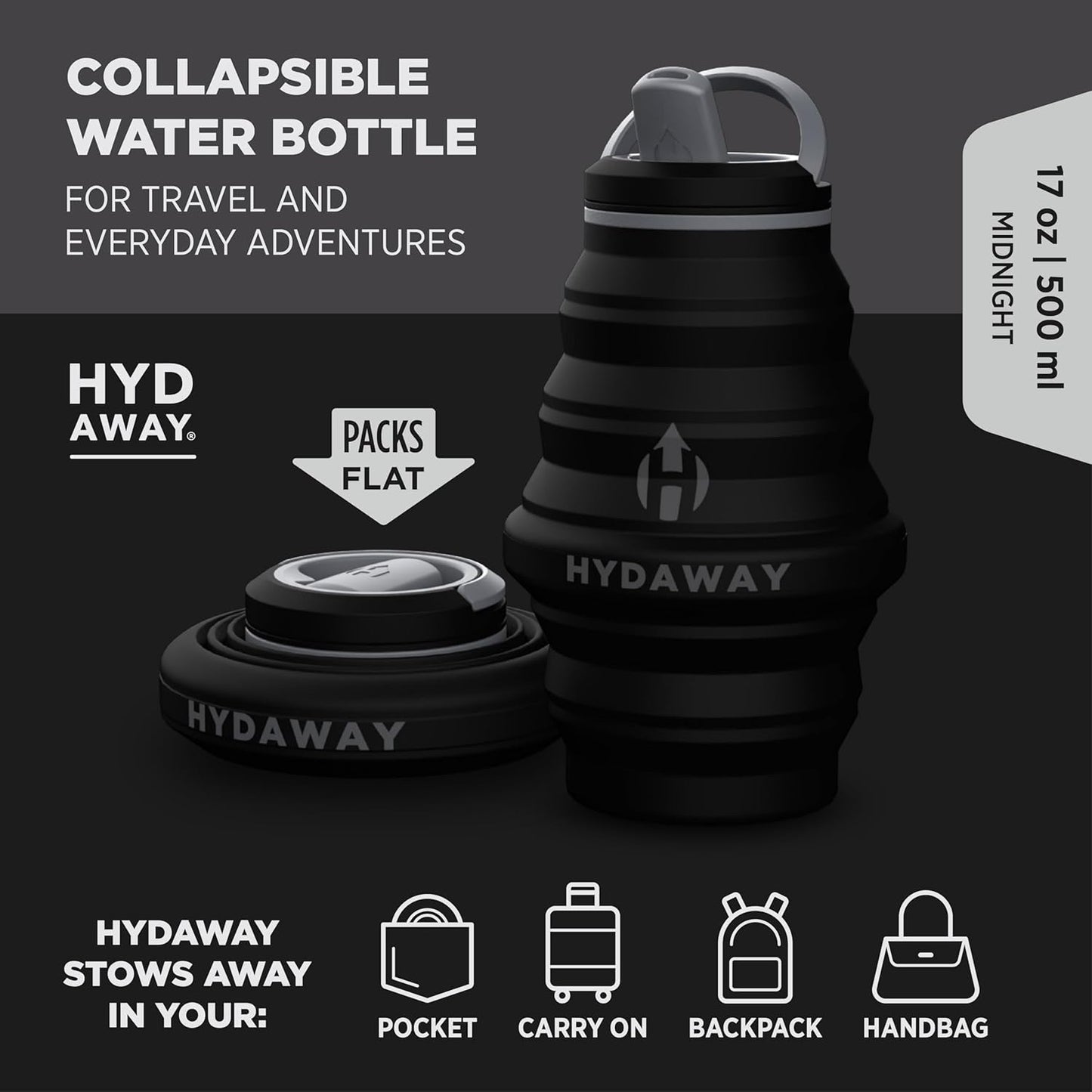 HYDAWAY 17oz Travel Collapsible Water Bottle - BPA-Free, Leakproof, Lightweight, Space-Saving