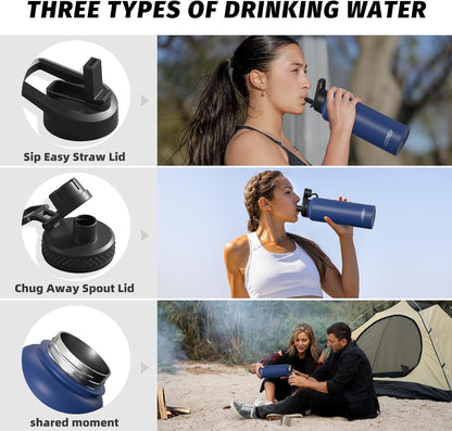 40oz Insulated Water Bottle (Cold for 48 Hrs),BPA Free&Leak Proof,Stainless Steel Water Flask,Water Jug with Straw Spout Lids for Gym,Hiking,Travel,Black Blue