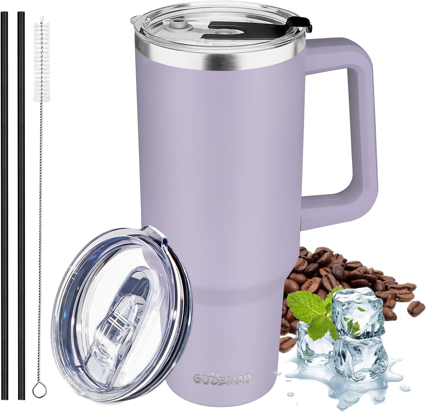 40 oz Tumbler with Handle, Insulated Tumbler with Lid and Straw, Reusable Stainless Steel Vacuum Insulated Cup, 100% Leak Proof Thermal Travel Coffee Mug Cup for Cold and Hot (Light Purple)