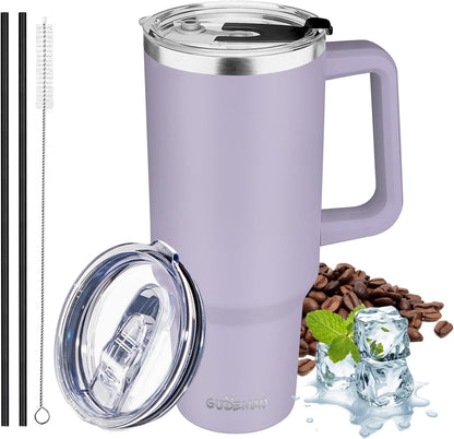 40 oz Tumbler with Handle, Insulated Tumbler with Lid and Straw, Reusable Stainless Steel Vacuum Insulated Cup, 100% Leak Proof Thermal Travel Coffee Mug Cup for Cold and Hot (Light Purple)