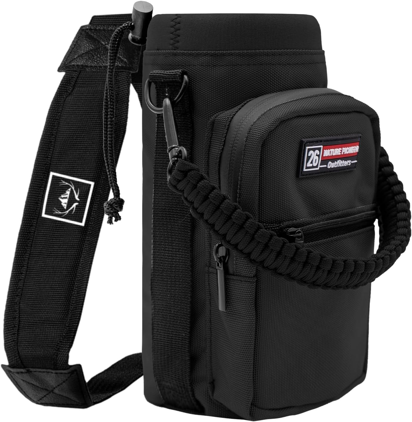 NATURE PIONEOR Water Bottle Holder with Adjustable Strap - 26/32/36/40/46/64oz Insulated Water Bottle Sling Carrier with Paracord Handle & 2 Pockets, Outdoor Sports, Hiking, Camping, Gym