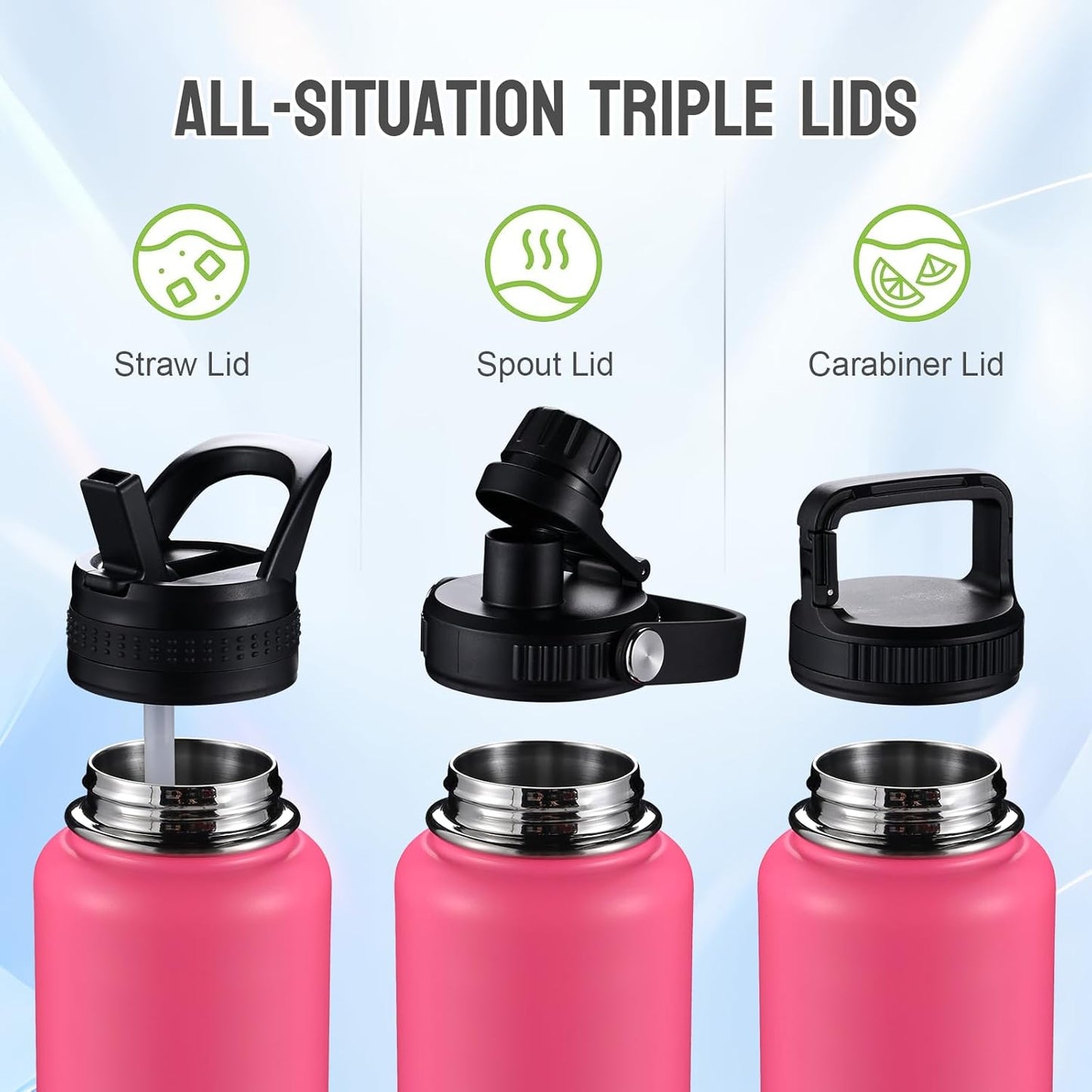 Insulated Water Bottles with Straw 40 oz Leak Proof, Vacuum Insulated Stainless Steel Sport Tumbler with 3 Lids Straw, Spout and Handle Lid for Sports, Gym or Office,Hot Pink