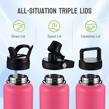 Insulated Water Bottles with Straw 40 oz Leak Proof, Vacuum Insulated Stainless Steel Sport Tumbler with 3 Lids Straw, Spout and Handle Lid for Sports, Gym or Office,Hot Pink