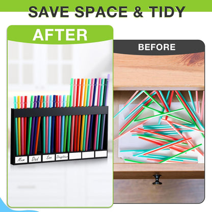 Qinyoung Acrylic Straw Holder for Cabinet Door with Double Sided Adhesive Tape Reusable Straw Organizer Tumbler Storage Kitchen Accessories Container for Counter Cupboard(Classic,Large,Transparent)