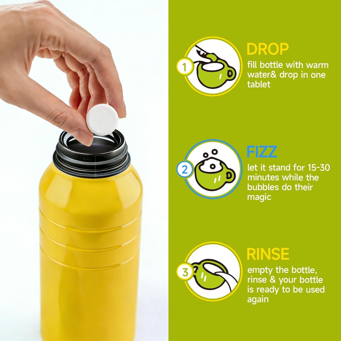 Bottle Cleaning Tablets for Water Bottles, Tumblers & Straws – No Scrubbing Cleaner Tablets Remove Odor & Residue for Insulated Bottles, Protein Shakers, Coffee Cups & Lids, 10 Count