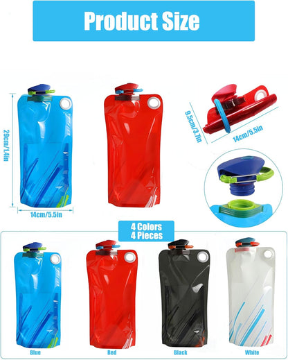 4 Pack Collapsible Water Bottle with Carabiner, 23oz Foldable Reusable BPA-Free Water Bottles with Leakproof Lid for Traveling Hiking Camping Biking